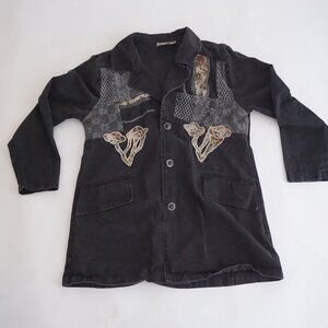 Vintage Styleworks Black Patchwork Applique Button Cotton Cardigan Jacket 16